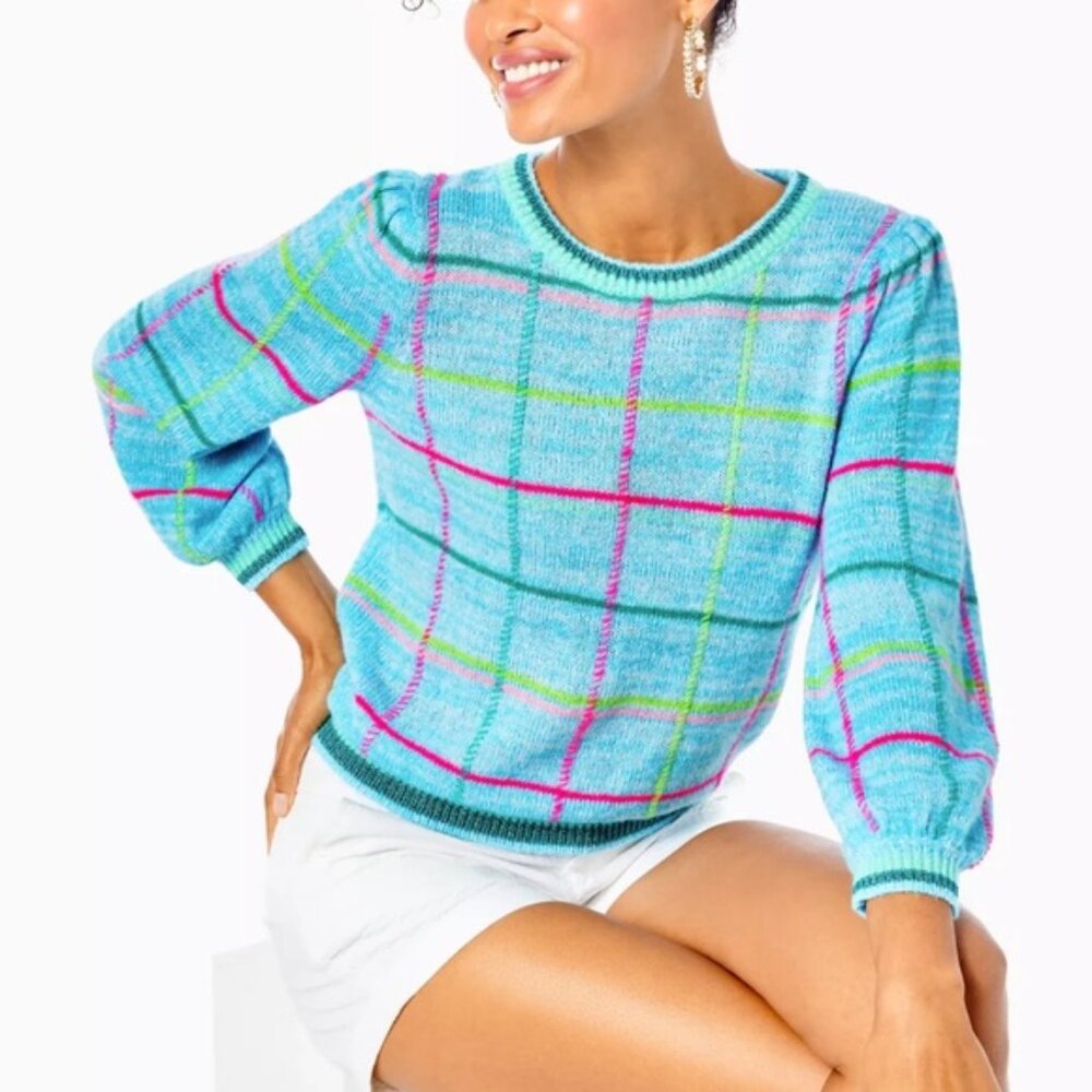 Lilly Pulitzer Hali Sweater Sea Breeze Playful Plaid NWOT Medium